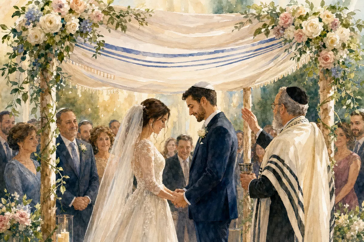 ユダヤ教の聖なる象徴と伝統的な宗教芸術表現を描いた教育的イラストレーション。