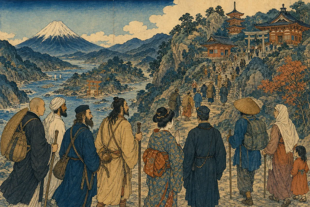 世界のさまざまな宗教の象徴と信仰体系を視覚的に表現したイラスト。