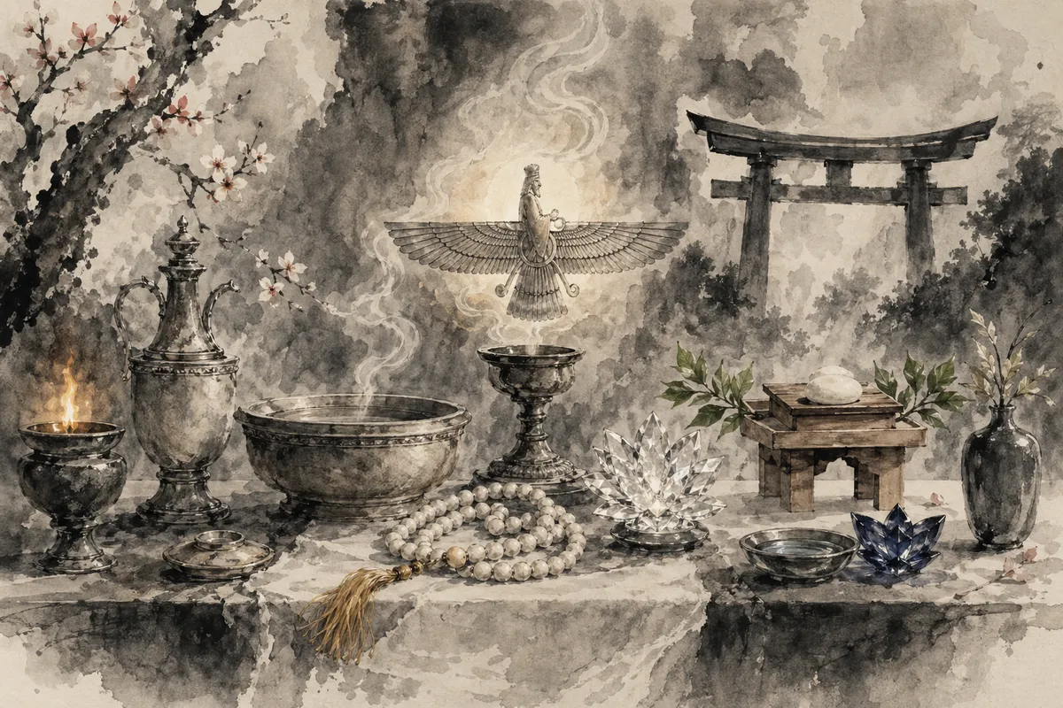世界のさまざまな宗教の象徴と信仰体系を視覚的に表現したイラスト。