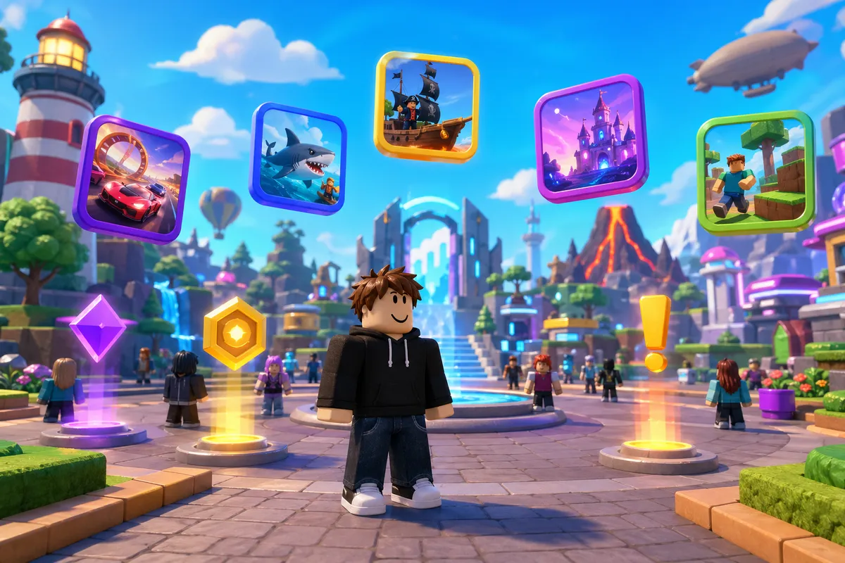 ロブロックスの初心者向けガイド画像で、カラフルなゲーム世界とアバター作成の要素を表現しています。
