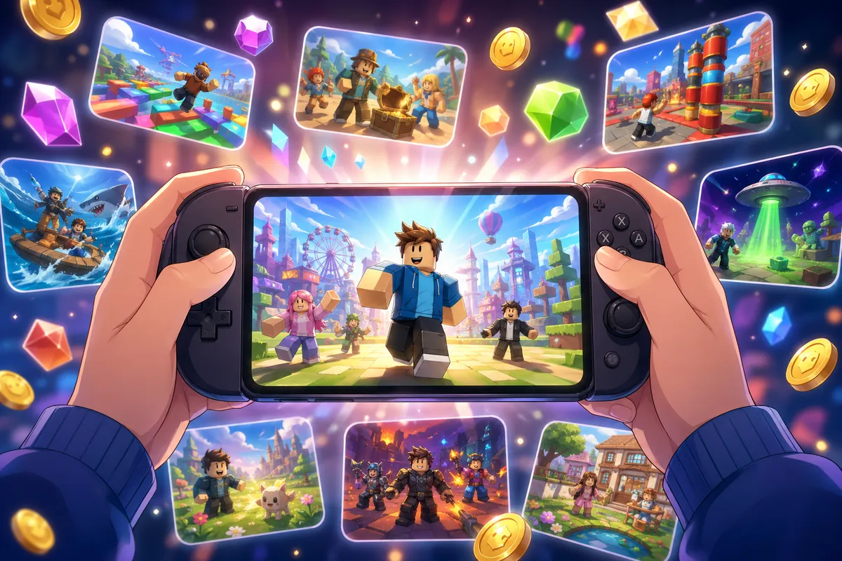 ロブロックスの初心者向けガイド画像で、カラフルなゲーム世界とアバター作成の要素を表現しています。