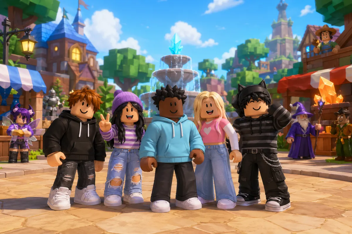 ロブロックスの初心者向けガイド画像で、カラフルなゲーム世界とアバター作成の要素を表現しています。