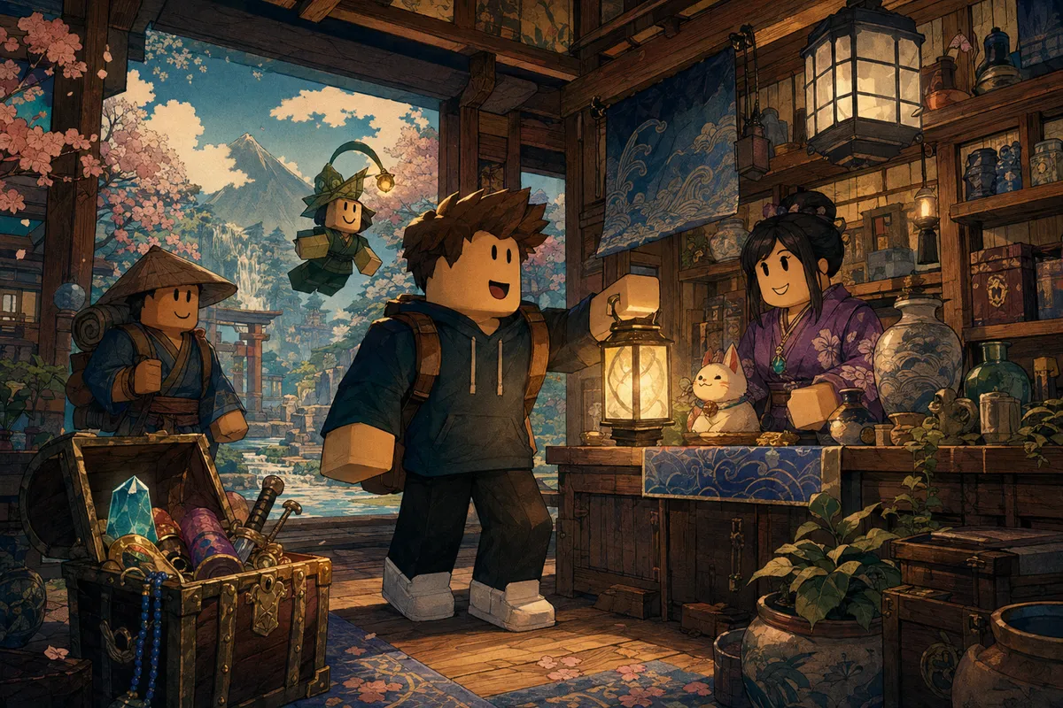 ロブロックスの初心者向けガイド画像で、カラフルなゲーム世界とアバター作成の要素を表現しています。