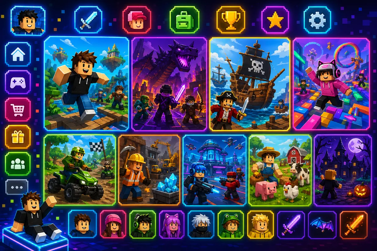 Robloxの様々なおすすめゲームが表示されたカラフルなゲーム選択画面のイラスト