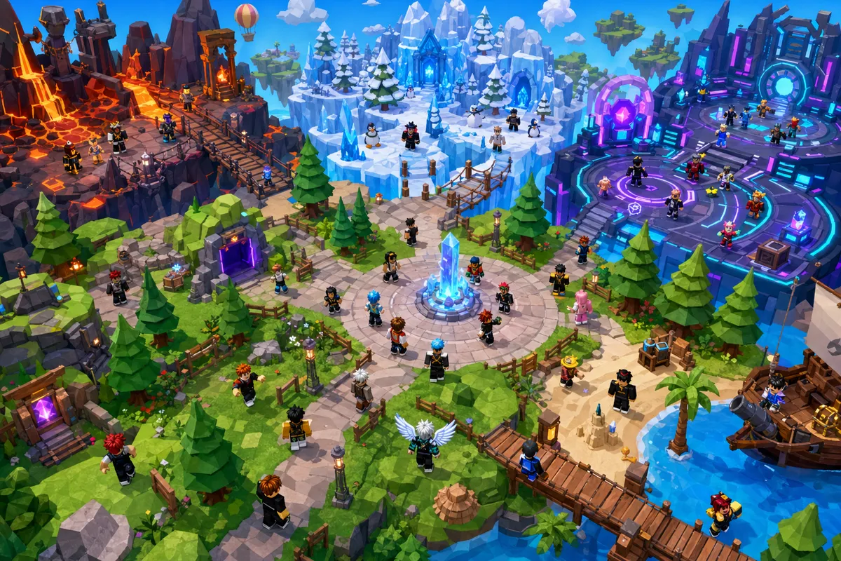 Robloxの様々なおすすめゲームが表示されたカラフルなゲーム選択画面のイラスト