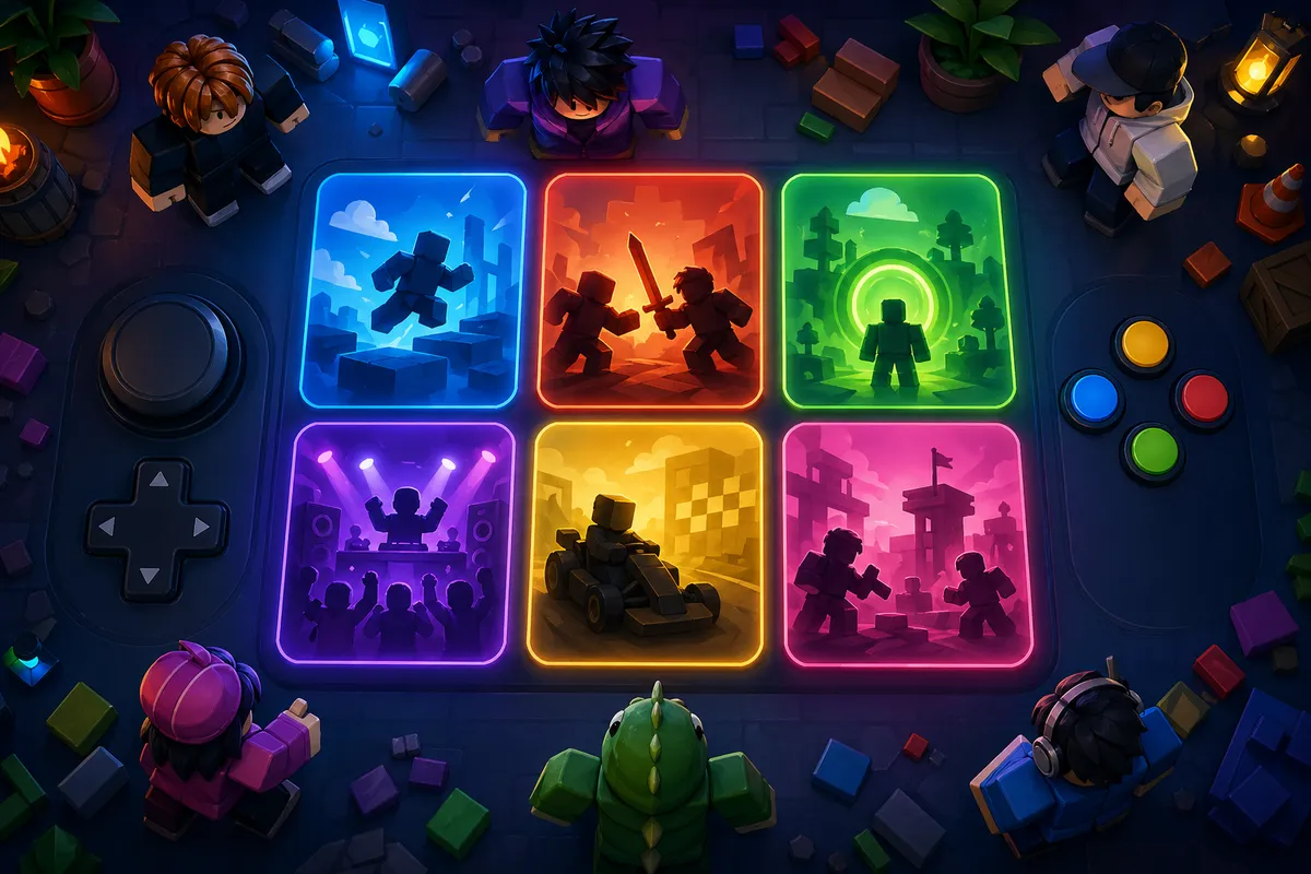 Robloxの様々なおすすめゲームが表示されたカラフルなゲーム選択画面のイラスト
