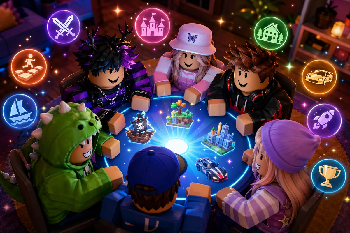 Robloxの様々なおすすめゲームが表示されたカラフルなゲーム選択画面のイラスト