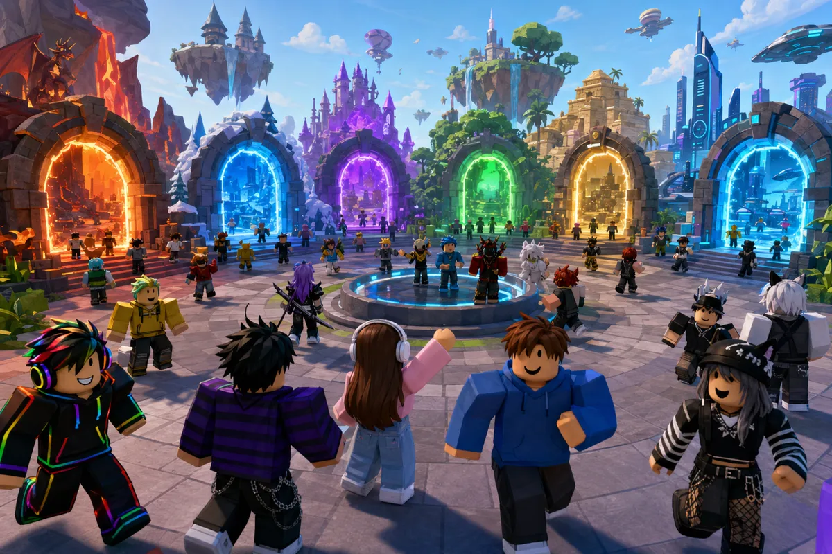Robloxの様々なおすすめゲームが表示されたカラフルなゲーム選択画面のイラスト