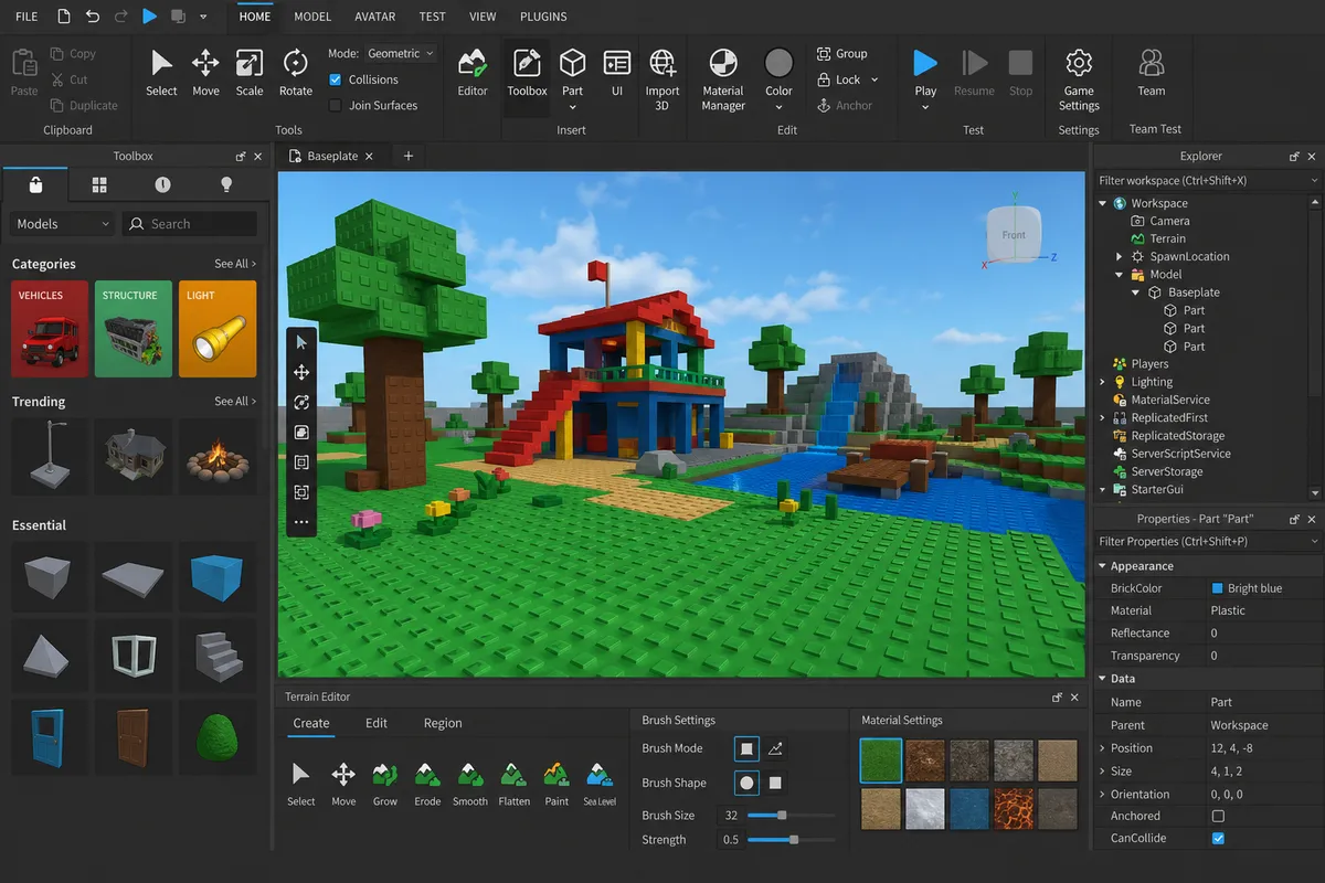 Robloxスタジオの開発環境とゲーム制作ツールのイラストレーション。