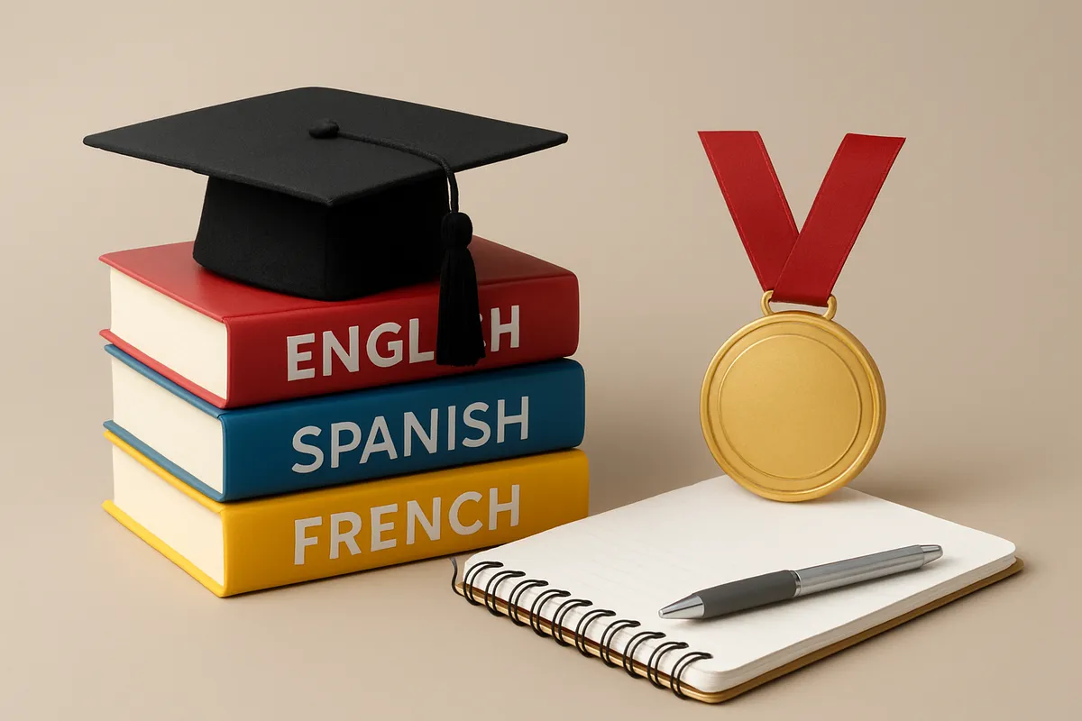 多言語学習と国際資格取得に関する教育的なイメージ素材。