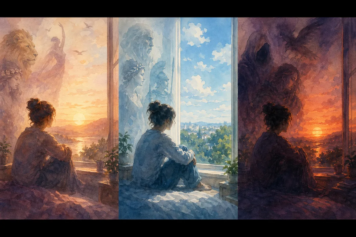 日常生活における心理学的原理と人間の思考パターンを表現した概念的イラスト。