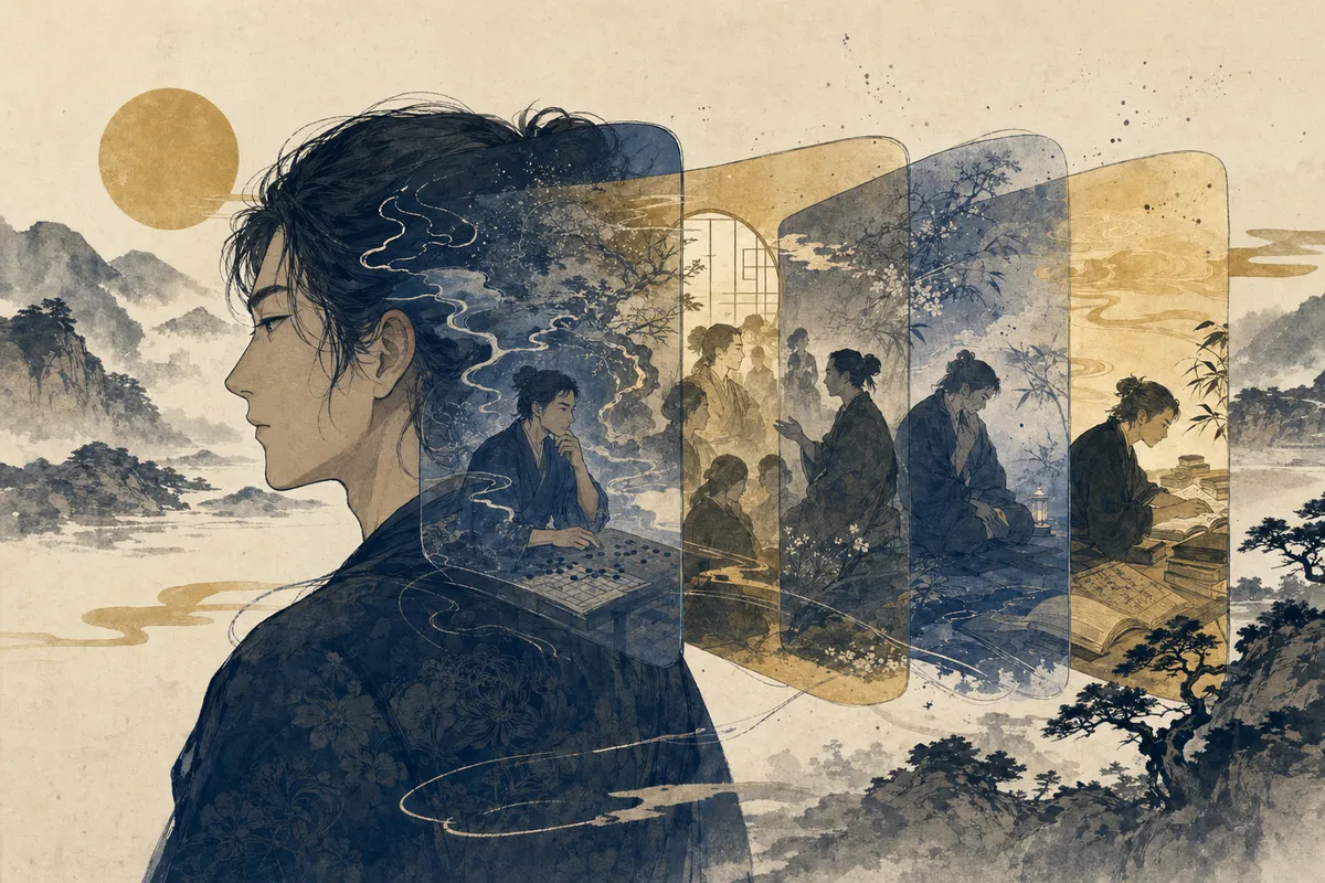 日常生活における心理学的原理と人間の思考パターンを表現した概念的イラスト。