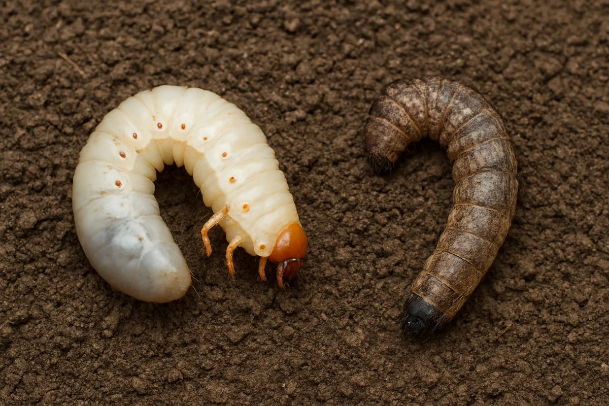 コガネムシ幼虫 ヨトウムシ 比較 白色 C字形 黄褐色 芝生害虫 地中 夜行性 根食害 幼虫識別 駆除対策 scarab beetle cutworm larvae