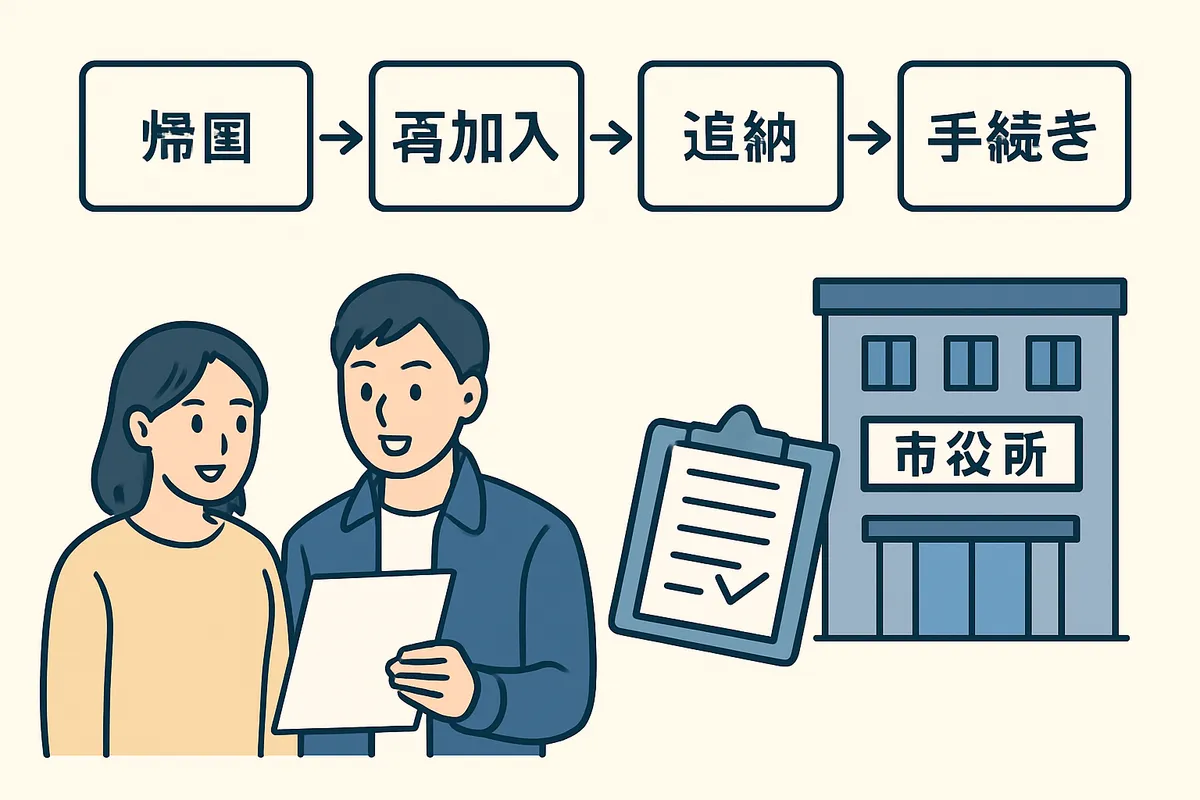 帰国後 再加入 追納 国民年金 国民健康保険 手続き流れ プロセス 書類申請 市役所 区役所 住所変更 復帰手続き