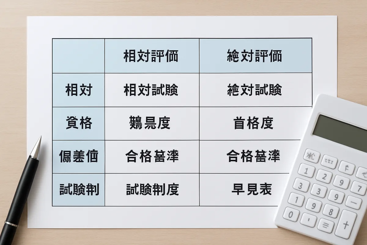 相対試験 絶対試験 国家資格 難易度 偏差値 合格基準 相対評価 絶対評価 試験制度 早見表 比較分析 資格試験 合格ライン