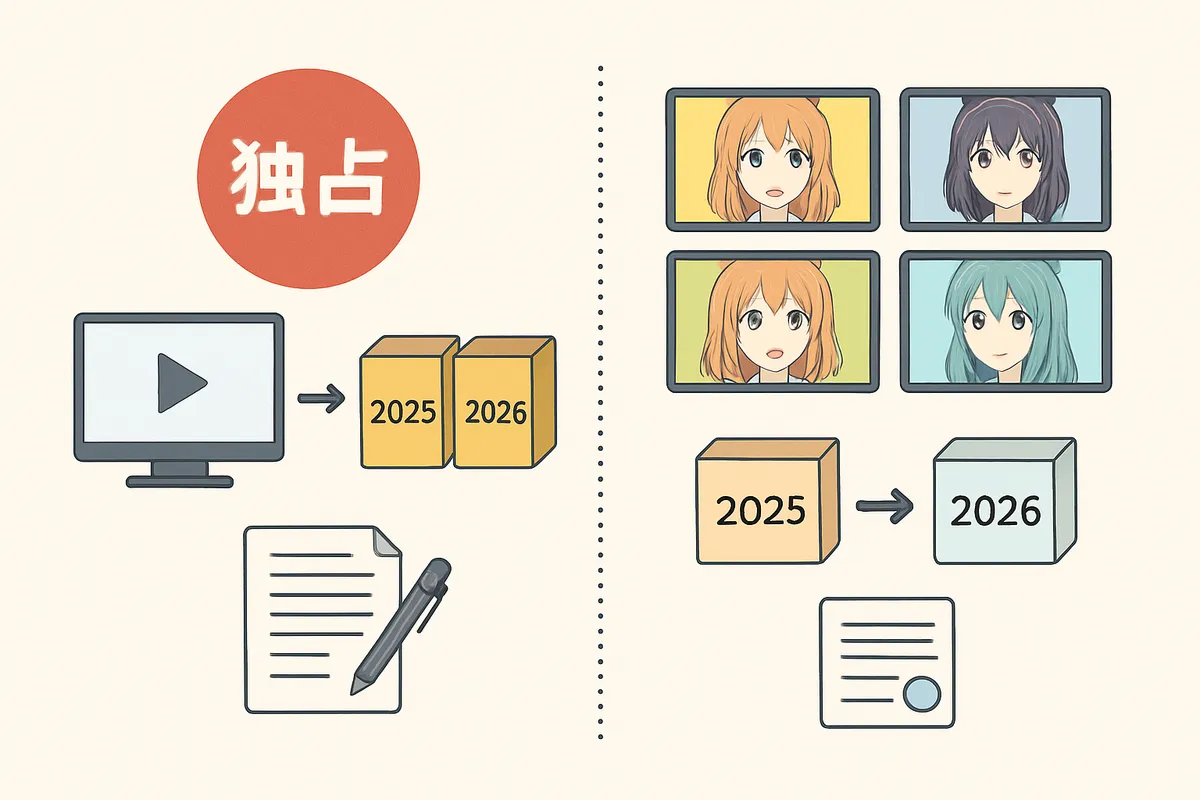 独占配信 解除時期 他社配信 アニメ 2025 2026 配信サービス比較 独占期間 ライセンス契約 放映権 マルチプラットフォーム