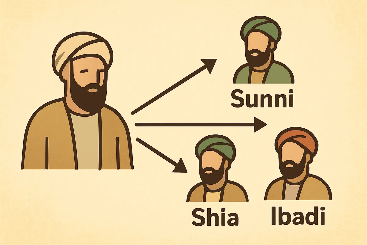 イスラム教 スンナ派 Sunni シーア派 Shia イバード派 Ibadi 宗派分裂 7世紀 イスラム史 教義解釈 後継者問題 Succession カリフ制度 宗教分派 Sectarian dif