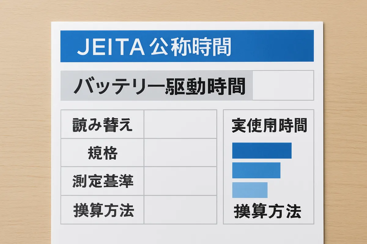 JEITA 公称時間 バッテリー駆動時間 読み替え 規格 Japanese Electronics Industry Association 測定基準 スペック表示 実使用時間 換算方法