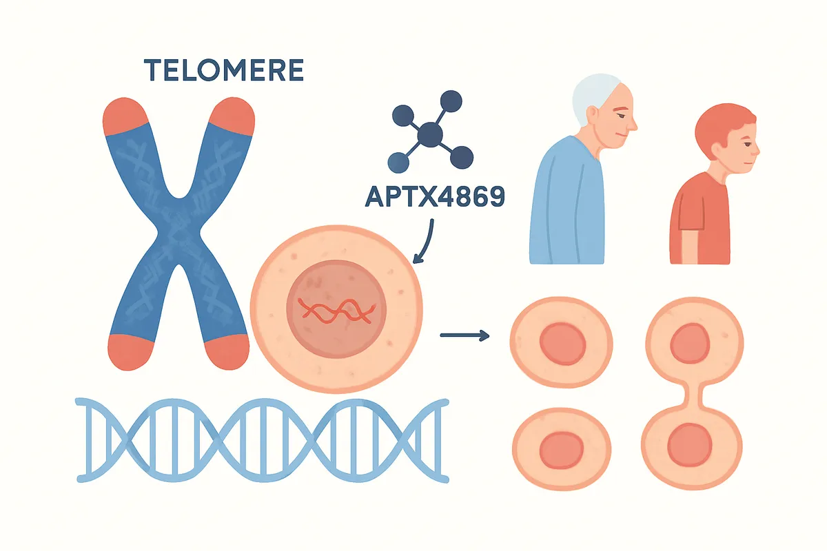 テロメア telomere 老化 aging DNA末端 染色体 APTX4869 縮短 細胞分裂 ハイフォー幼児化 生物学的メカニズム 寿命短縮