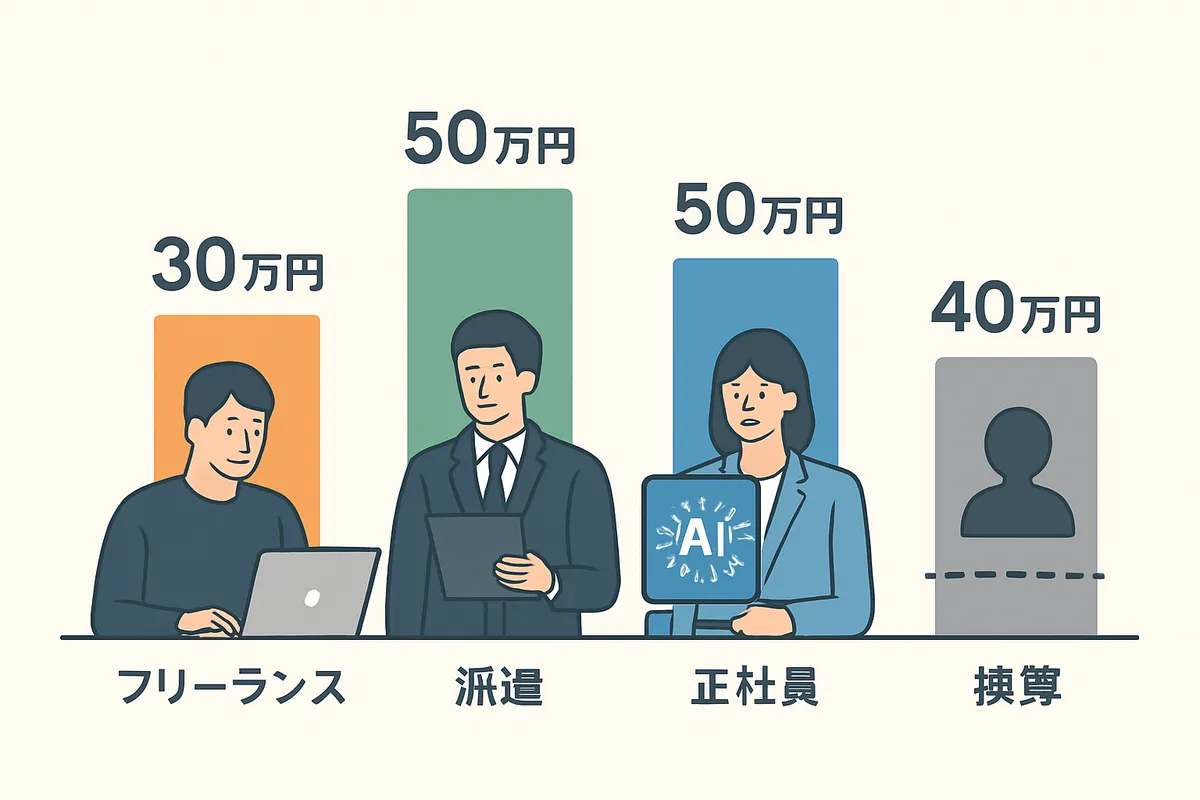 AIエンジニア 月額単価 30万円 50万円 契約形態 2026年 相場 単価交渉 フリーランス 派遣 正社員換算 報酬比較