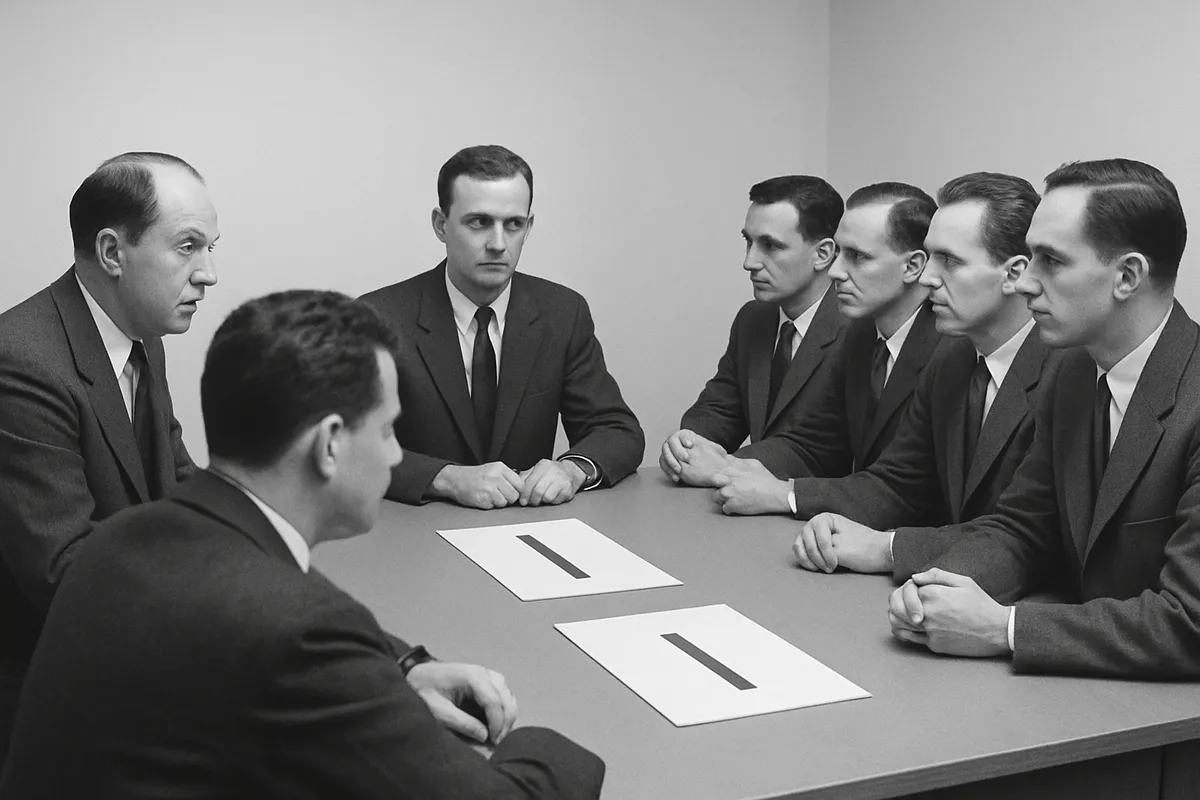 アッシュ同調実験 Asch conformity experiment 反対者 同調圧力 集団心理 1950年代 心理学 アメリカ 社会心理学 異なる意見 グループ圧力