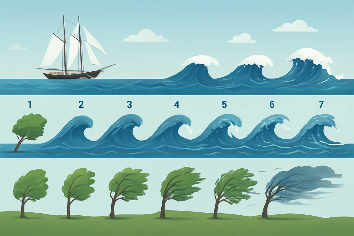 ボートルスケール Beaufort scale 風速階級 9段階 1-9 風力 気象 海上 陸上 波高 樹木 帆船 煙 風の強さ 分類 気象観測