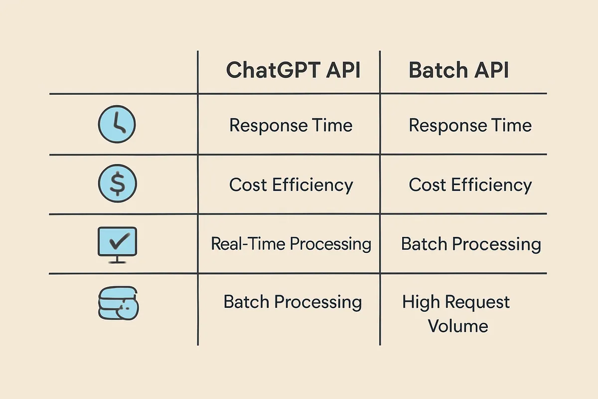 ChatGPT API 標準API Batch API 比較表 レスポンス時間 コスト効率 リアルタイム処理 バッチ処理 大量リクエスト 料金体系