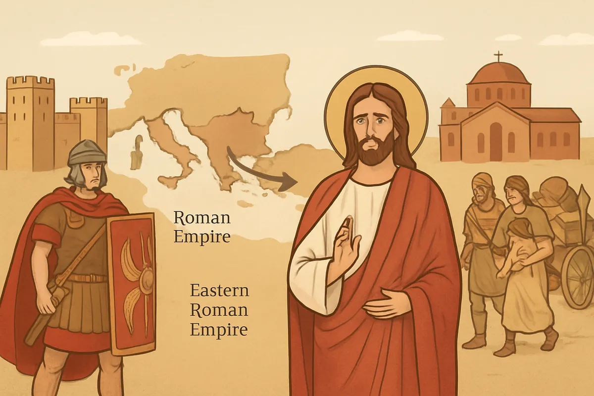キリスト教 東西分治 西ローマ帝国滅亡 4世紀5世紀 コンスタンティノープル ローマ帝国分裂 ゲルマン民族大移動 ビザンツ帝国 帝国衰退 宗教改革