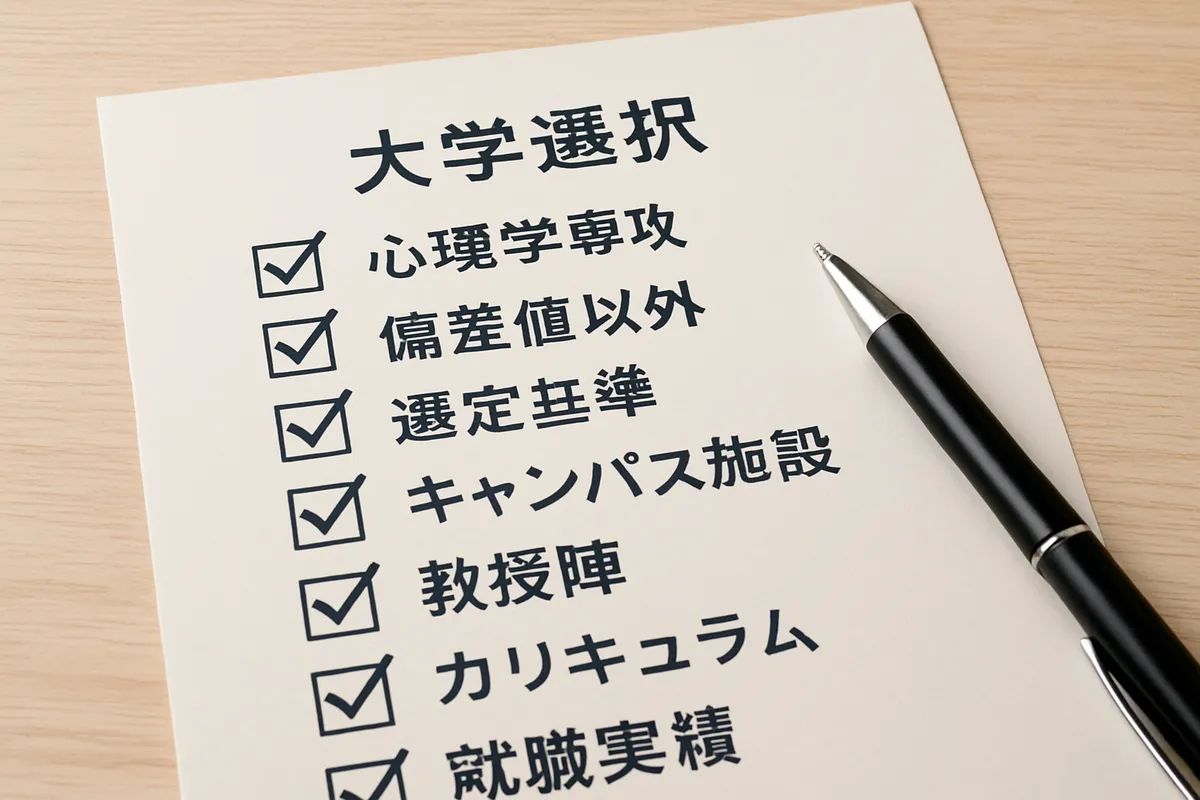 大学選択 チェックリスト 心理学専攻 偏差値以外 選定基準 キャンパス施設 教授陣 カリキュラム 就職実績 学費 入学後満足度 比較検討 後悔回避