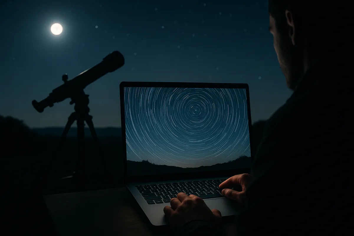 天体撮影の機材セットアップと星空撮影技法の実践シーン。