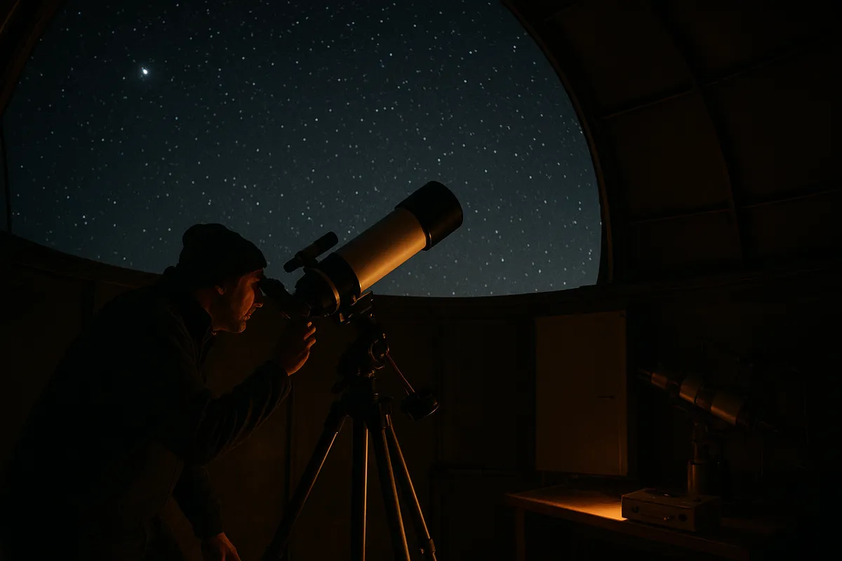 天体観測愛好家が夜空の星座と天体現象を研究・観察するシーン。