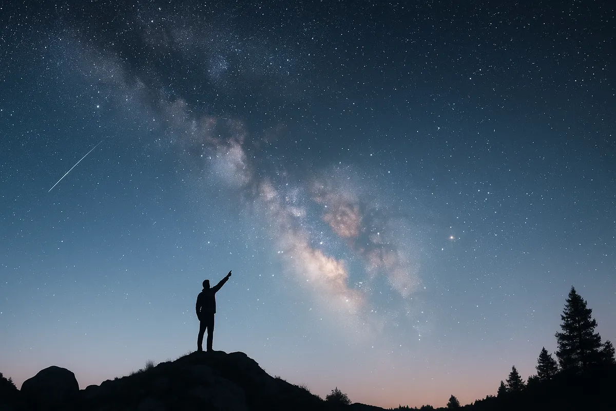 天体観測愛好家が夜空の星座と天体現象を研究・観察するシーン。