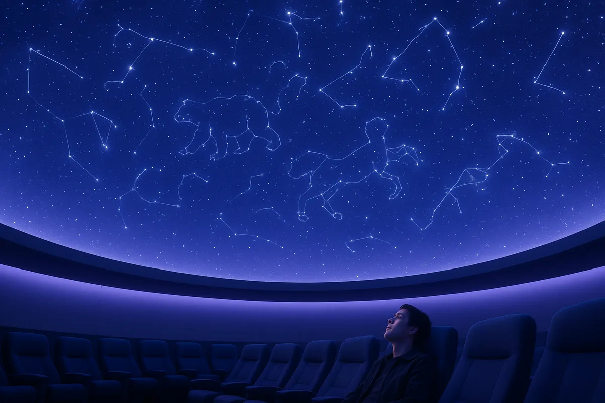 天体観測愛好家が夜空の星座と天体現象を研究・観察するシーン。
