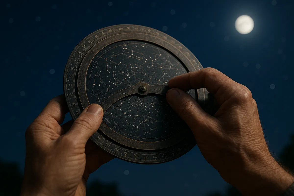 天体観測愛好家が夜空の星座と天体現象を研究・観察するシーン。