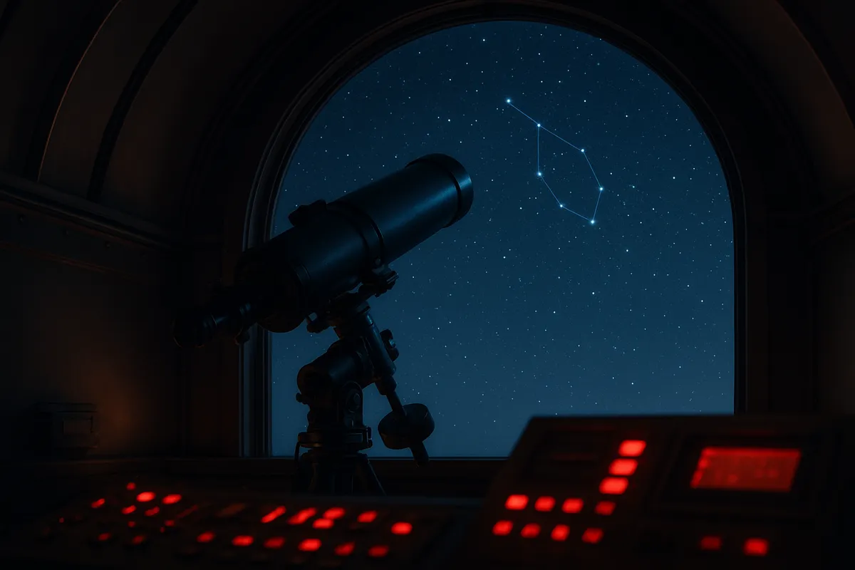天体観測愛好家が夜空の星座と天体現象を研究・観察するシーン。