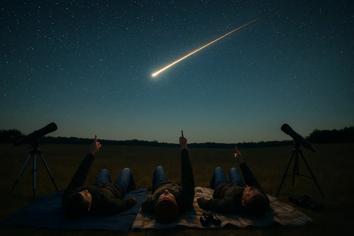 天体観測愛好家が夜空の星座と天体現象を研究・観察するシーン。