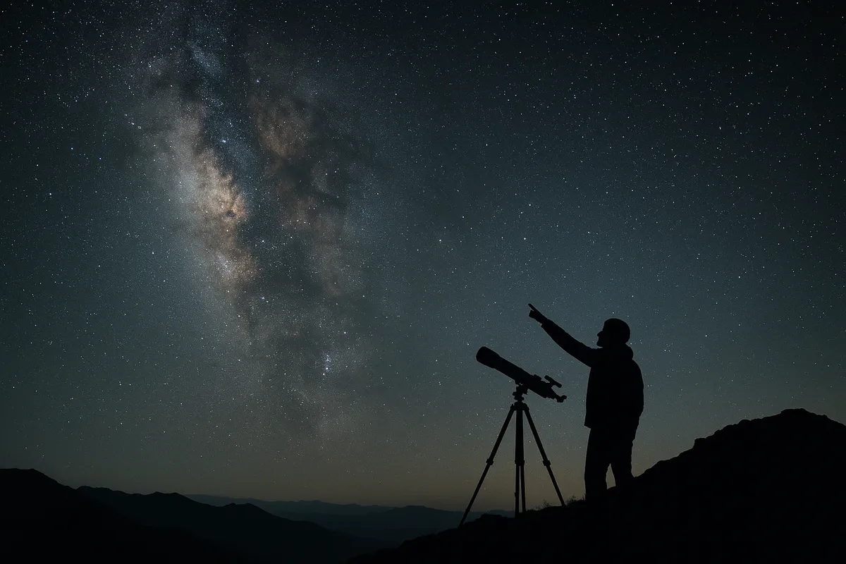 月夜と星の見える観測スポットで望遠鏡を使って天体観測をしている風景。