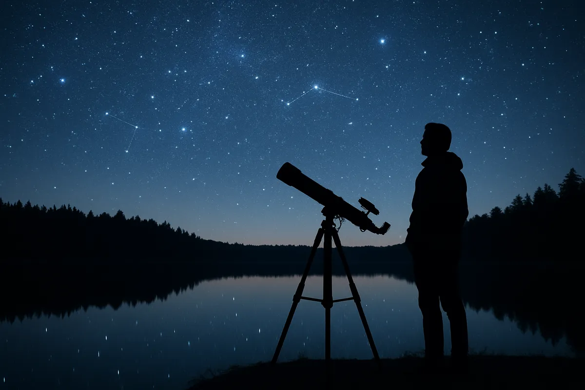 月夜と星の見える観測スポットで望遠鏡を使って天体観測をしている風景。
