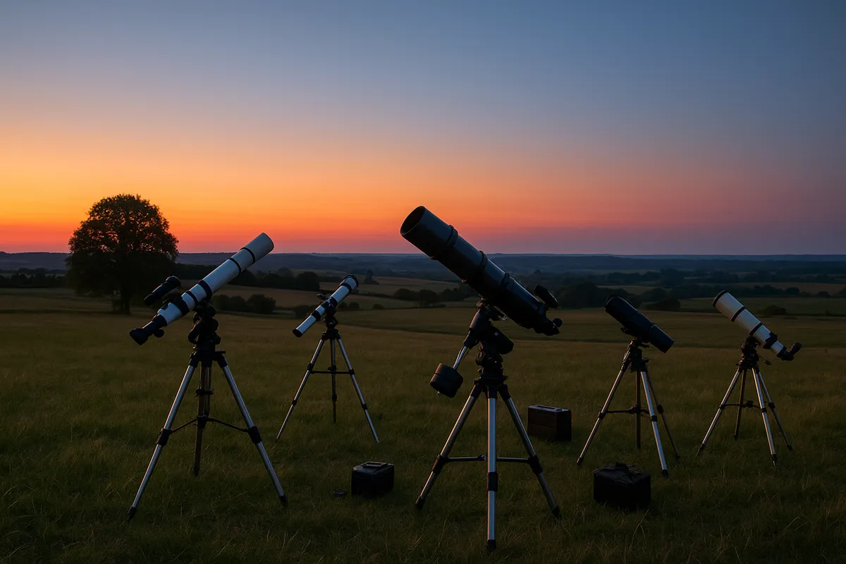 月夜と星の見える観測スポットで望遠鏡を使って天体観測をしている風景。