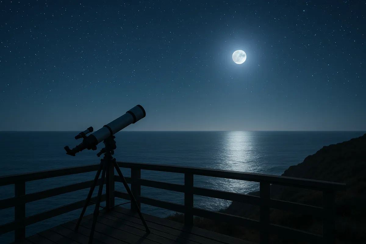 月夜と星の見える観測スポットで望遠鏡を使って天体観測をしている風景。