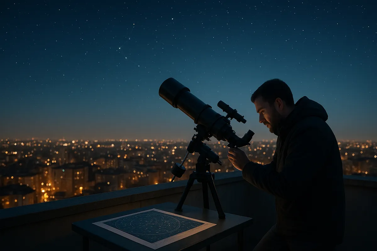 月夜と星の見える観測スポットで望遠鏡を使って天体観測をしている風景。