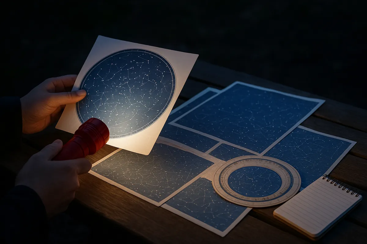 初心者向けの天体観測ガイドと星空観察の実践的な道具類及び観測シーン。