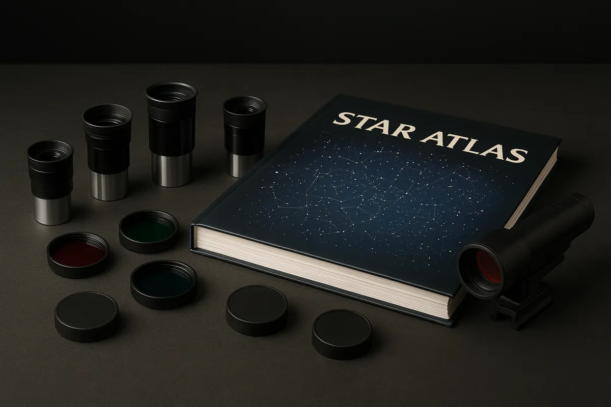 初心者向けの天体観測ガイドと星空観察の実践的な道具類及び観測シーン。
