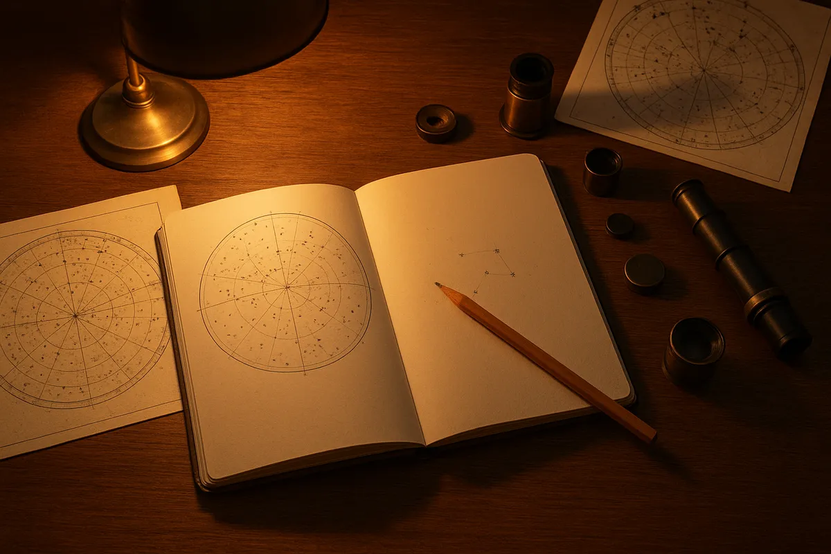 初心者向けの天体観測ガイドと星空観察の実践的な道具類及び観測シーン。
