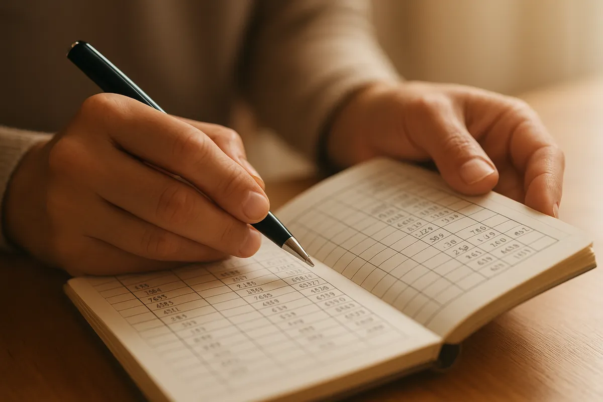 個人店舗オーナーが数字管理と経営分析を行う様子を複数の角度から描いた画像。