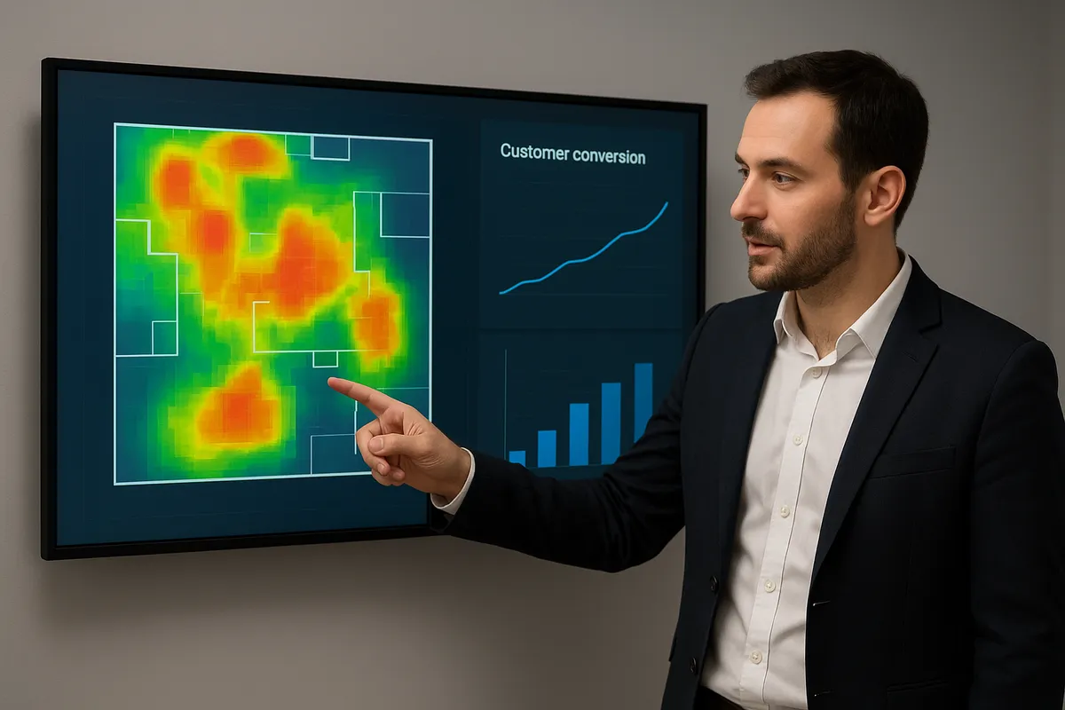 個人店オーナーが実践的なマーケティング手法と集客戦略を活用して顧客を増やし売上を向上させている様子。