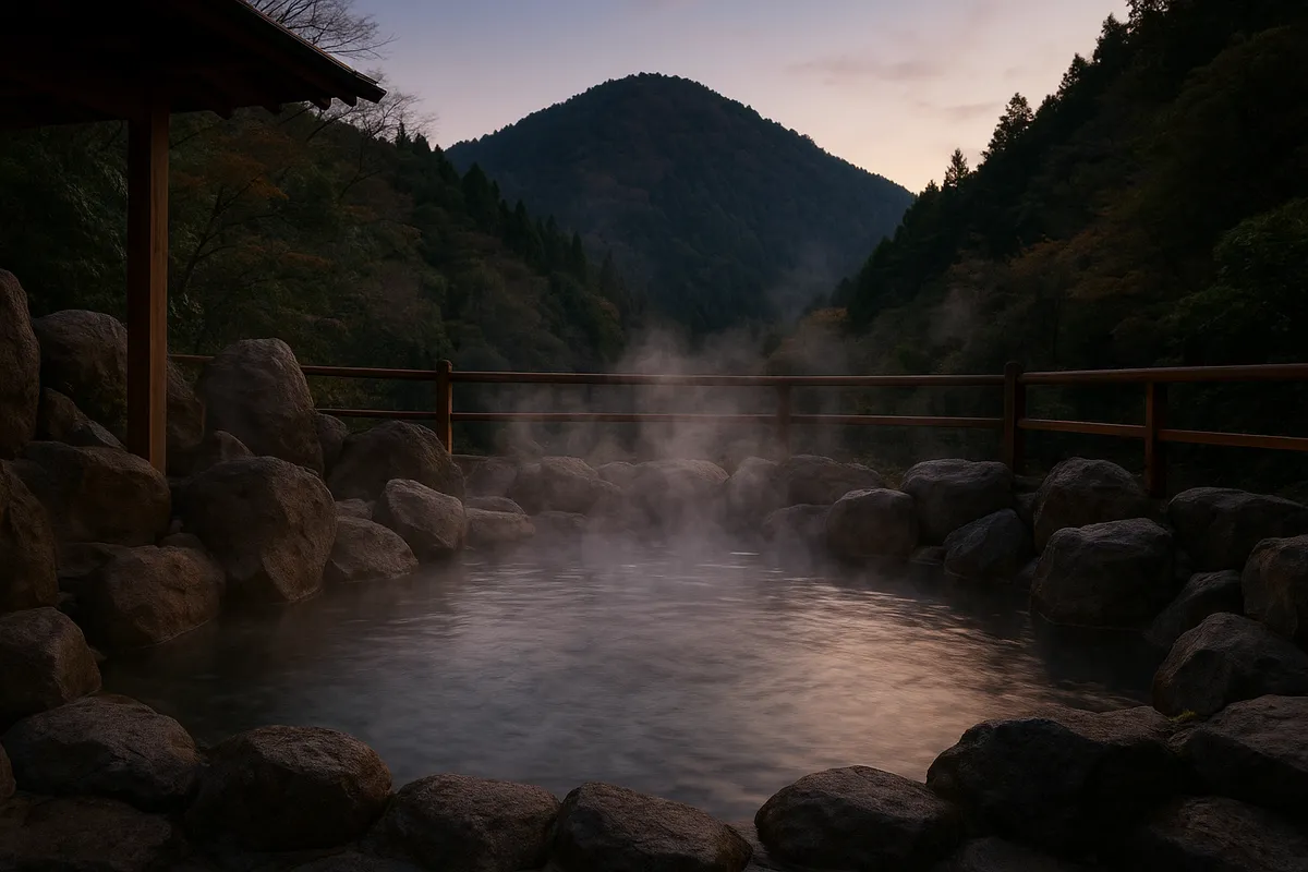 日本の伝統的な温泉風呂の風景とリラックスの瞬間を表現した写真。