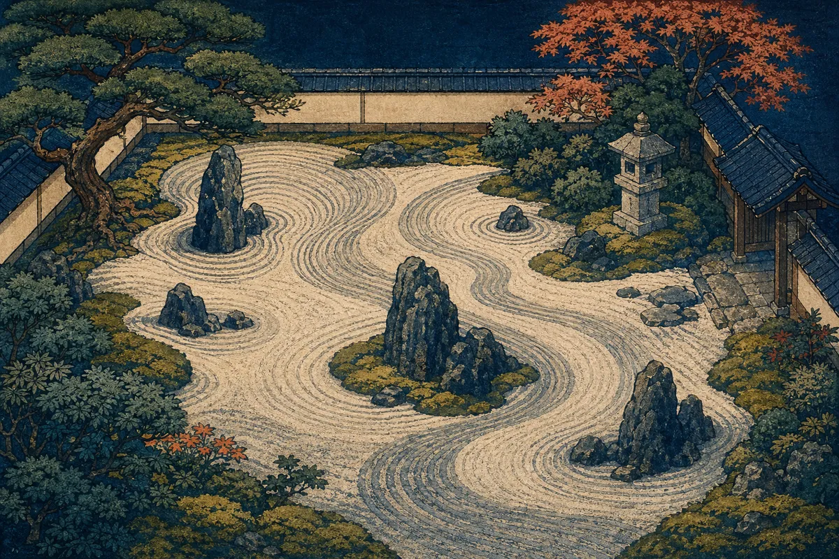 日本の伝統的な枯山水庭園の、石と砂で表現された抽象的な自然景観。