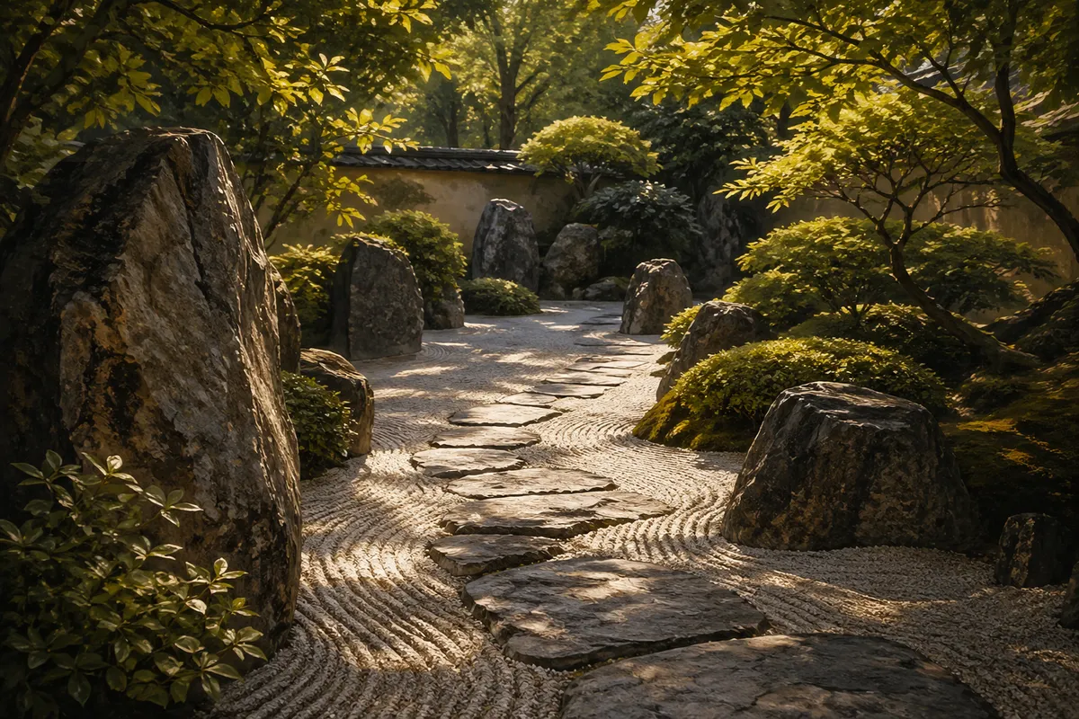 日本の伝統的な枯山水庭園の、石と砂で表現された抽象的な自然景観。