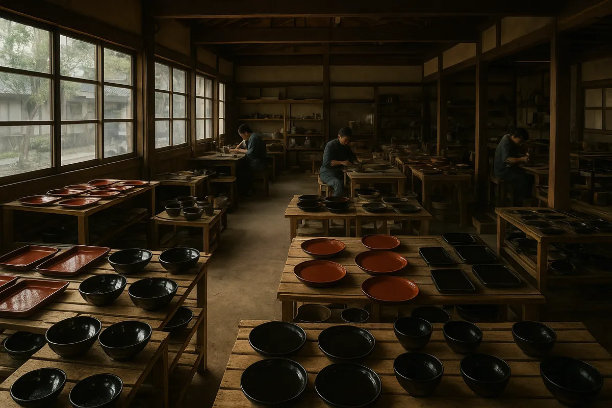 日本の伝統的な漆芸の道具と塗装技法を示す工房風景